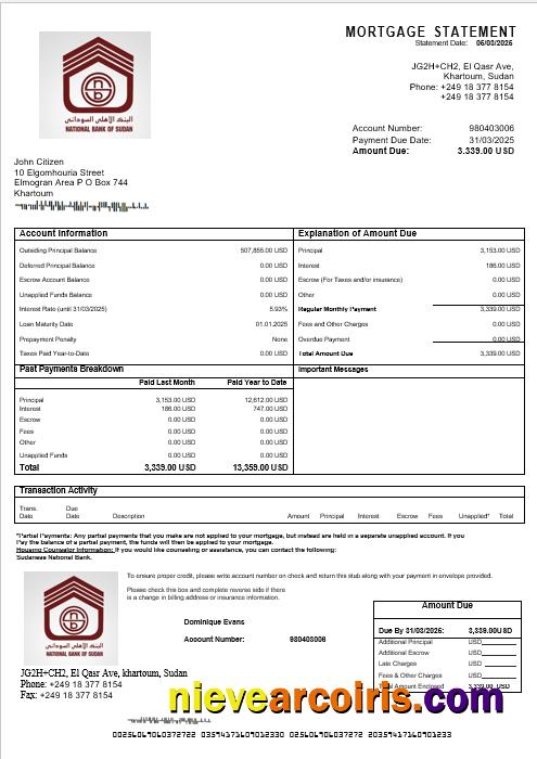 Sudanese National Bank mortgage statement